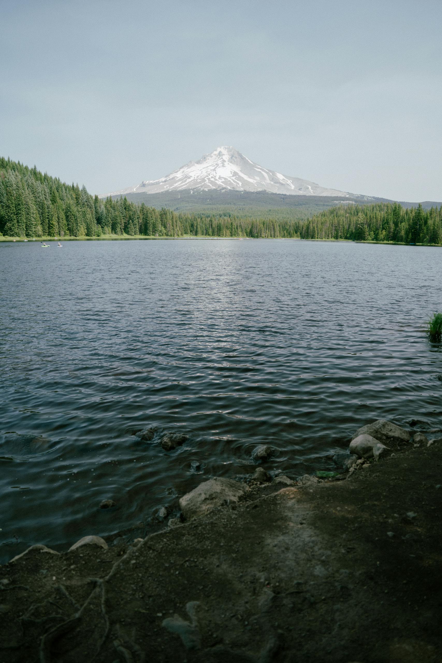 Beautiful view of Mount Hood reflected in Trillium Lake, Oregon, with clear skies and lush forests.